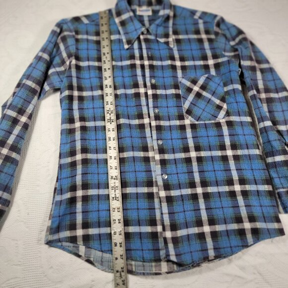 Vtg men's shirt long sleeve cotton‎ flannel medium blue 4" hole in right armpit - Picture 9 of 16